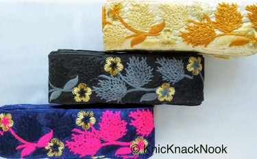 Cyan Blue / Green / Pink / Black /Blue / Beige And Gold Floral Embroidery Trim, Indian Embroidered Trim, Approx. 75mm wide